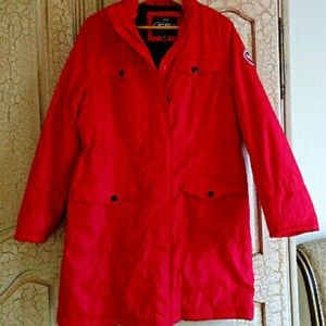 CB SPORT Size M Puffer Coat Red Removable Hood w Faux Fur WARM Adjustable Waist